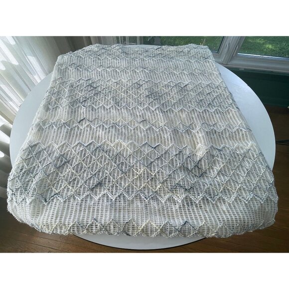 Vintage 70s curtains, white, blue mesh net, geometric pattern, oversized - Picture 7 of 8